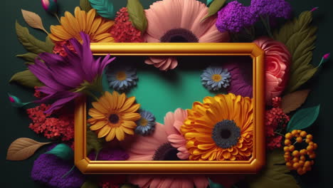 colorful flowers decor with golden frame, vibrant colors decoration and floral ornament