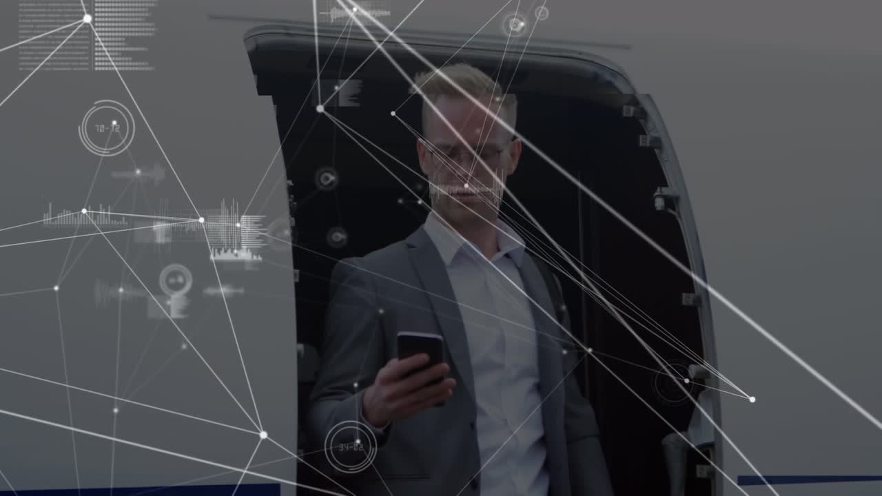 Animazione di una rete di connessioni su un uomo d'affari caucasico in aeroporto