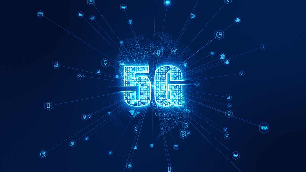 motion graphic di icona blu digitale 5g e sfera terrestre con connessione di linea e transistor di dati all'icona tecnologia futuristica sfondo astratto video loop senza cuciture