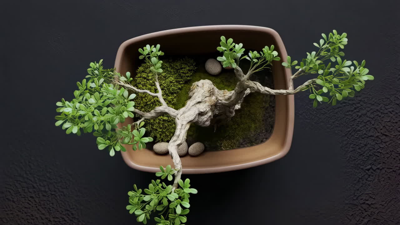 Overhead view of a bonsai tree in a pot
