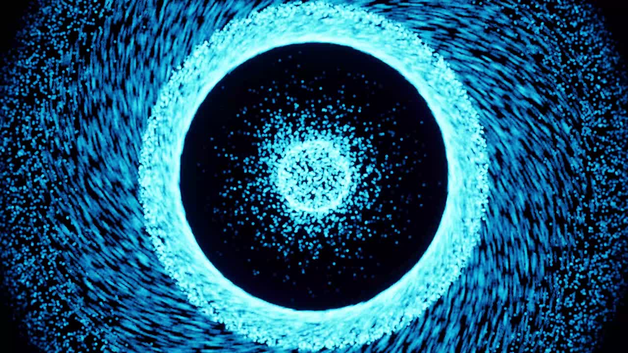 efectos visuales, vfx, círculo azul partículas de tornado en fondo negro animación en 3d zoomout