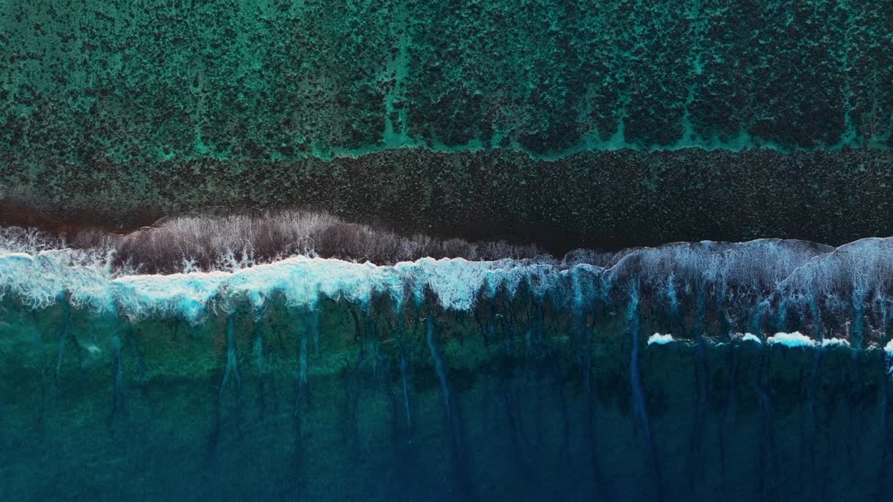 Moorea, Mo'orea, Bora Bora, Tahiti, Polynésie française, vue aérienne par drone, perspective unique à vol d'oiseau, vagues de surf s'écrasant sur un récif corallien, passes et chenaux, île du Pacifique Sud d'un bleu aqua profond, statique.