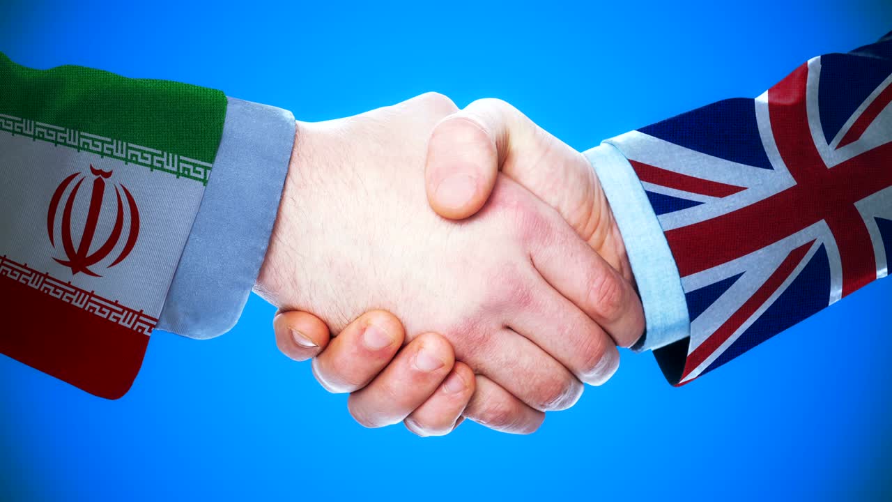 Iran - United Kingdom   / Handshake concept animation about countries and politics / With matte channel
