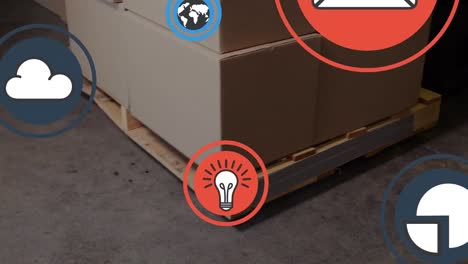 animation of icons over boxes in warehouse