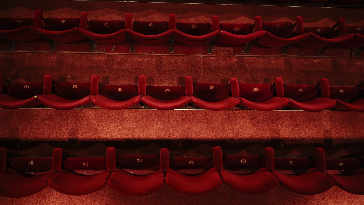 Empty theater opera house seats seen from above during Coronavirus, closed business concept affecting the arts and theatre due to Covid