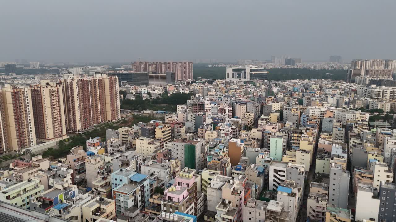 Drone shot of circular skywalks in Hyderabad’s financial district