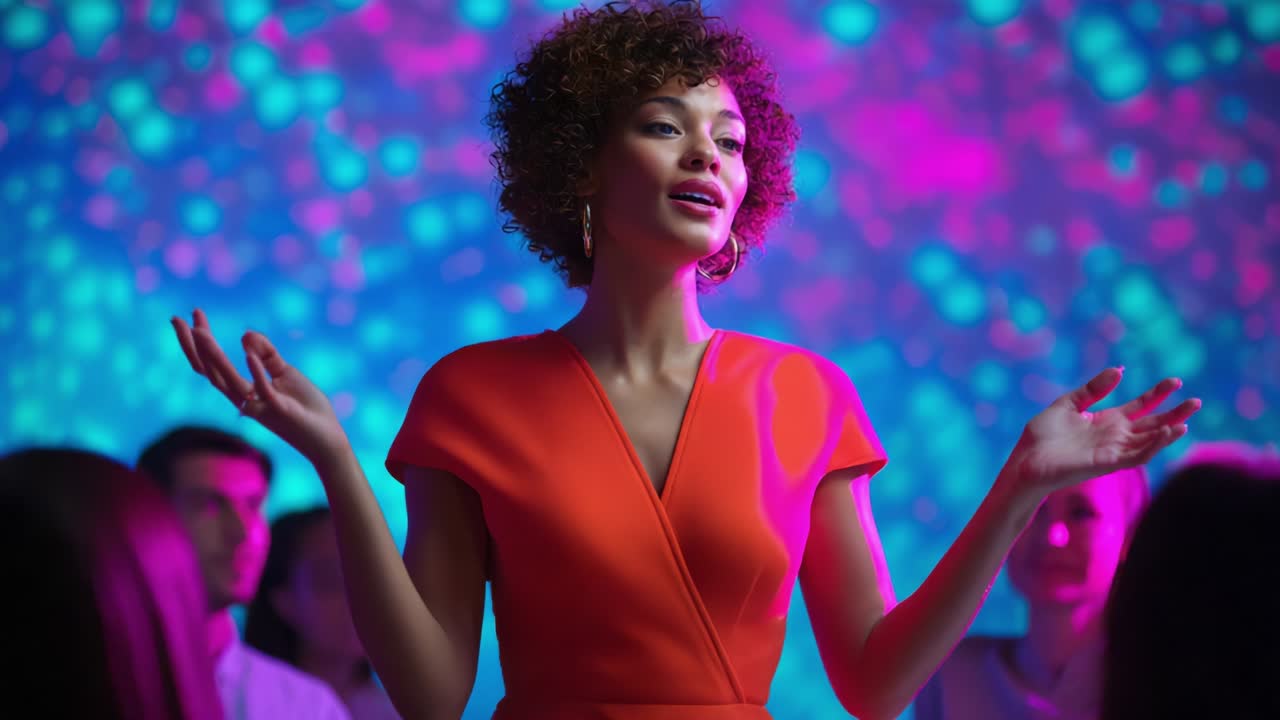 Dynamic Presentation: Engaging Speaker Captivates Audience with Poise and Enthusiasm in a Colorful, Vibrant Setting as She Addresses a Group with Charisma and Confidence