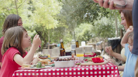 slider-aufnahme einer glücklichen familie, die beim picknick leckeres essen isst