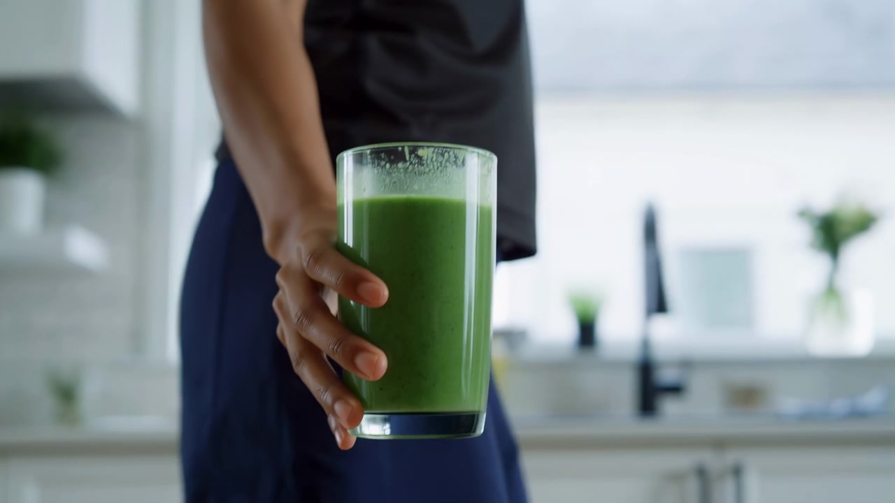 Vista ravvicinata mostra una mano che porge un alto bicchiere trasparente riempito con un frullato verde vivido verso la fotocamera in una cucina moderna e luminosa, con luce diurna morbida, schiuma, condensa e un ambiente domestico pulito