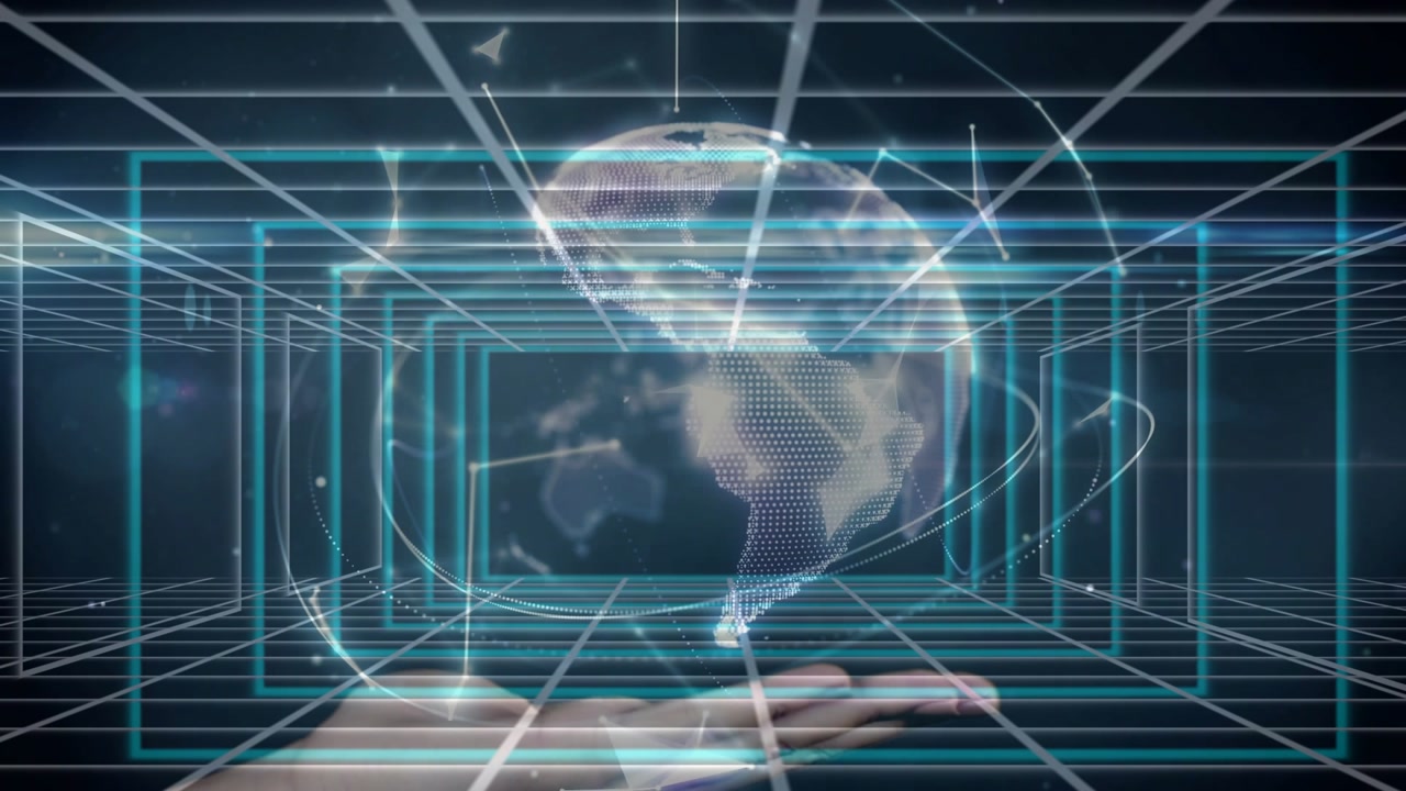 Particle net brightening and globe forming, palm rising, supporting rotating holographic globe
