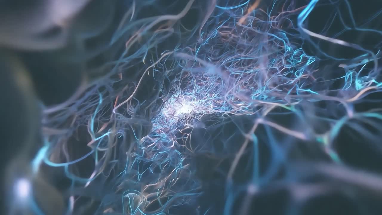 Blue and purple energy flows through a complex network of nodes, creating a dynamic and abstract digital landscape