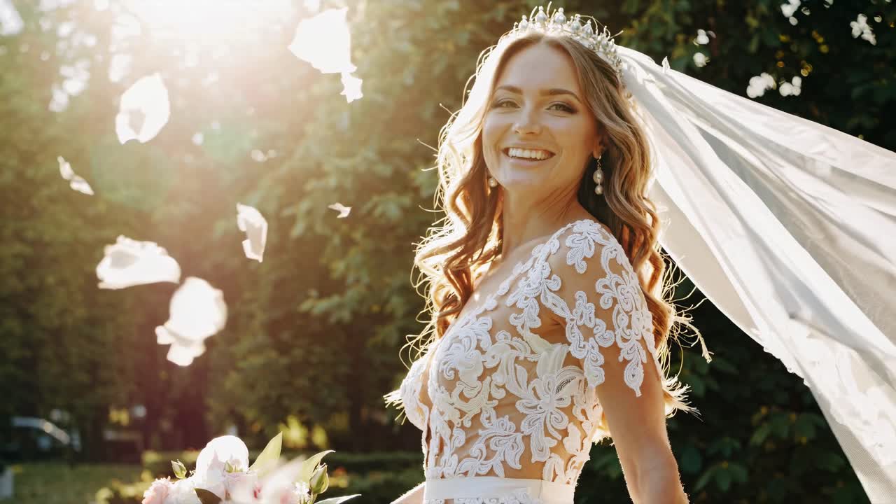 Una sposa gioiosa in un abito di pizzo sorride in un giardino illuminato dal sole. Ripreso con un'inquadratura dal basso, questo video