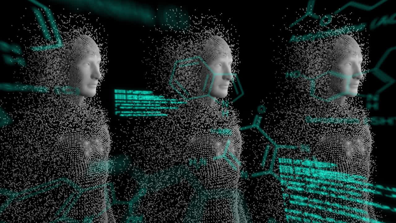 Animation of data processing over digital human on black background