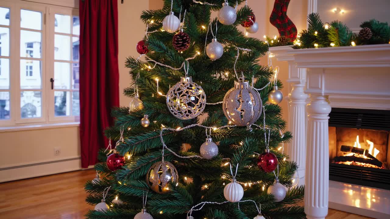 Festive Christmas tree with ornaments and lights in a cozy living room