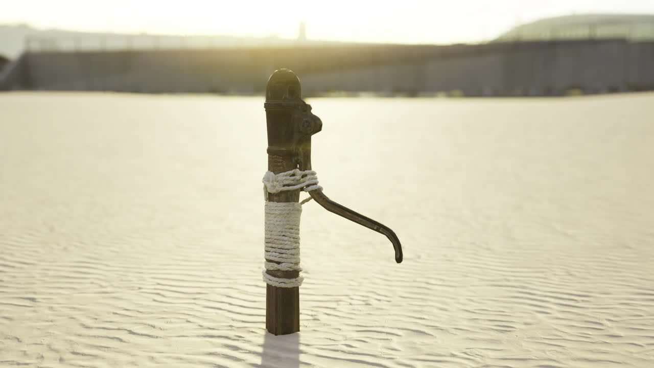 Old water pump against sunlit sands at dusk in a dry landscape