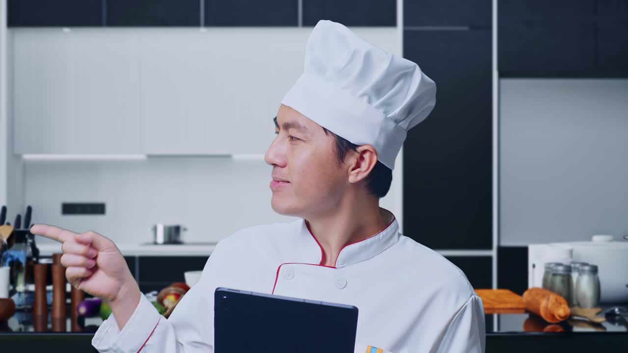 집 주방에 서 있는 동안 태블릿을 사용 하고 을 가리키는 아시아인 요리사 의 근접 사진