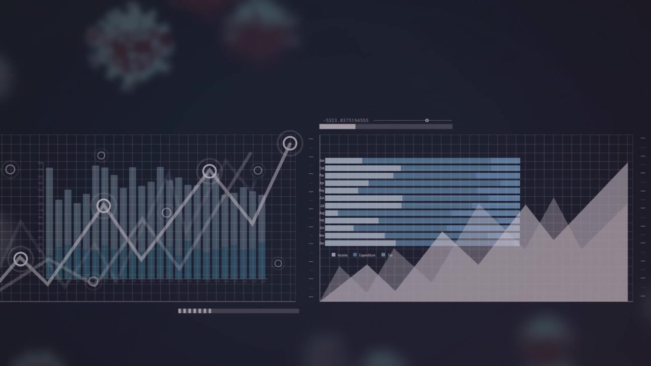 Animation of statistical data processing and covid-19 cells floating against blue background