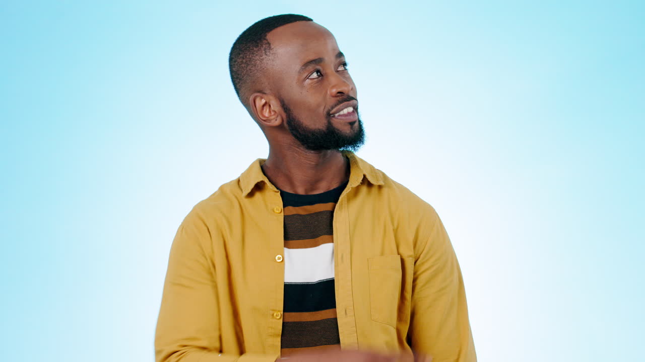 Pointing up, decision and face of black man