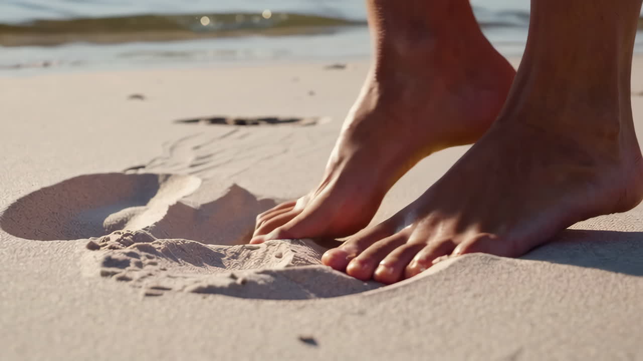 Bare feet on a sandy beach with water in the background