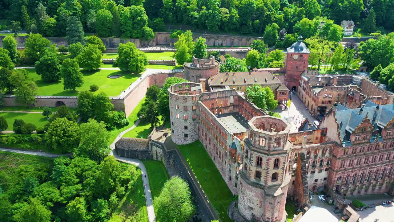 4K Aerial Drone Video of the Historic Castle on Königstuhl Hill overlooking Heidelberg, Germany