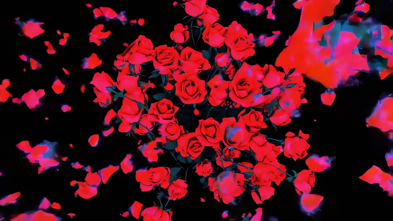 Bouquet of red roses rotating on a black background with falling petals, perfect for romantic videos, weddings, anniversaries, and Valentine's Day projects