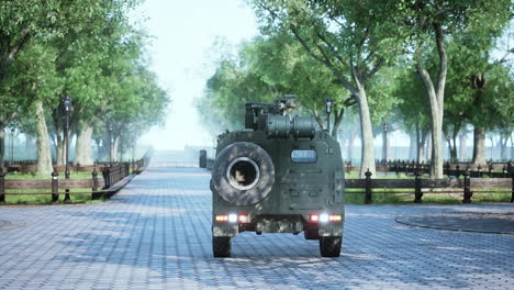 armored military car in big city