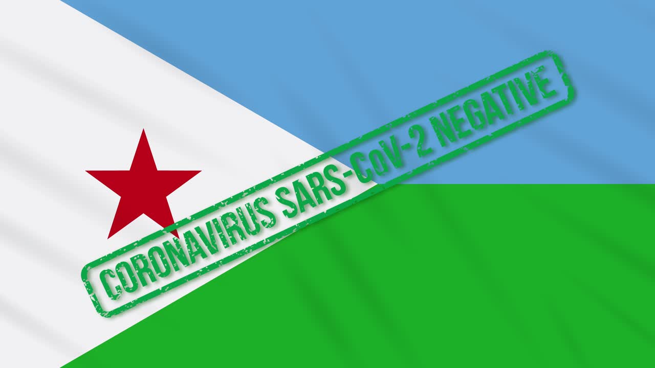 djibouti balanceando la bandera con el sello verde de la libertad del coronavirus, bucle
