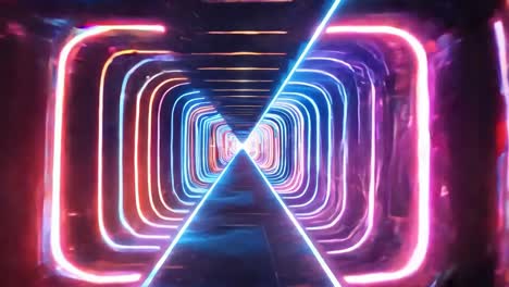 camera moves forward through a tunnel created by glowing neon squares in vibrant colors of purple, blue, and pink