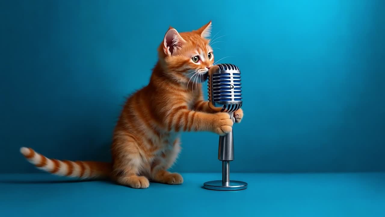 Funny Kitten Singing into Vintage Microphone | Premium Stock Video Footage