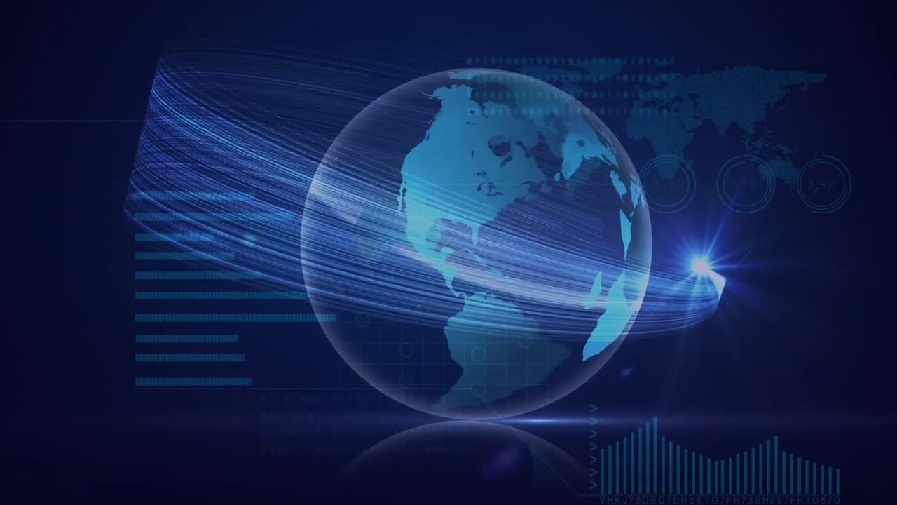 검은색 배경의 데이터 처리에 대한 빛의 흔적으로 지구의 애니메이션