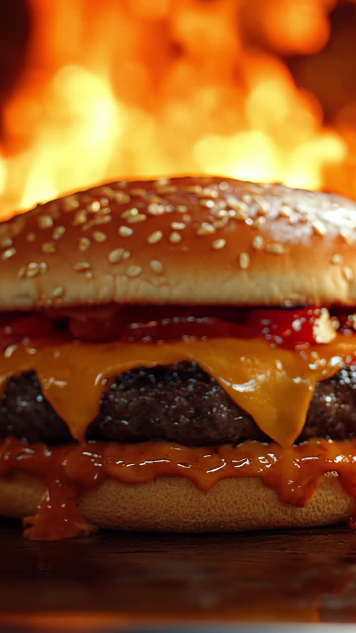 A burger with melted cheese on top of it. The burger is sitting on a table with a fire in the background