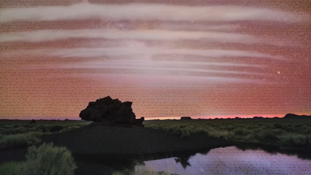 Uma impressionante filmagem em grande angular de um céu noturno estrelado sobre uma paisagem desértica