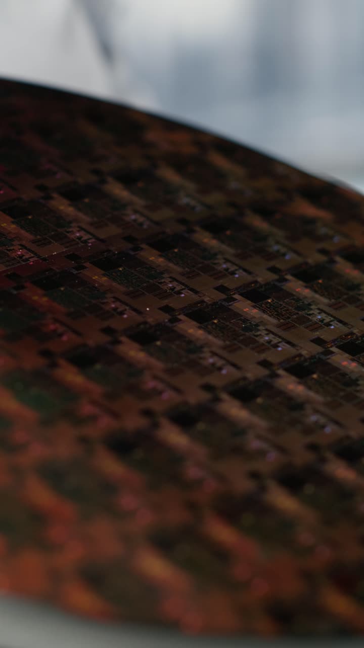 Video verticale. Lavoratori in una fabbrica intelligente di microchip che esaminano il design del substrato semiconduttore