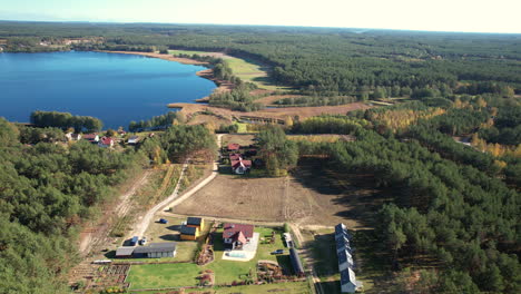 Holiday-houses-by-the-Witoczno-Lake,-Swornegacie,-aerial-orbital-shot