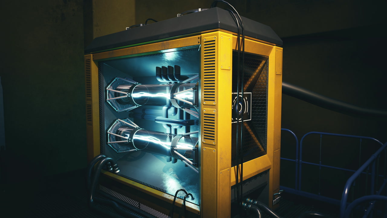 Innovador generador de energía mostrado en un entorno industrial oscuro