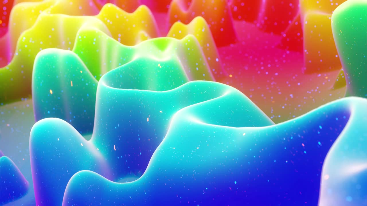 스트루드 또는 디스플레이스 파동으로 아름다운 추상적인 3d 표면은 루프로 변환됩니다. 무지개 그라디언트: 달함이나 마말라드와 같은 부드러운 매트 재료, 가운 내부 빛, 모핑 표면에서 반이는.