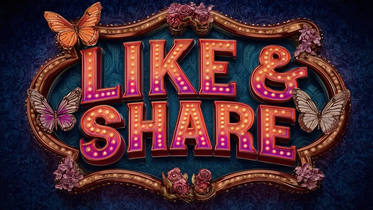 Colorful, illuminated sign featuring the words 'Like &amp; Share' adorned with vibrant butterflies and floral decorations, creating an inviting and decorative atmosphere
