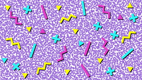 animation of moving blue, pink and yellow shapes on purple and white background