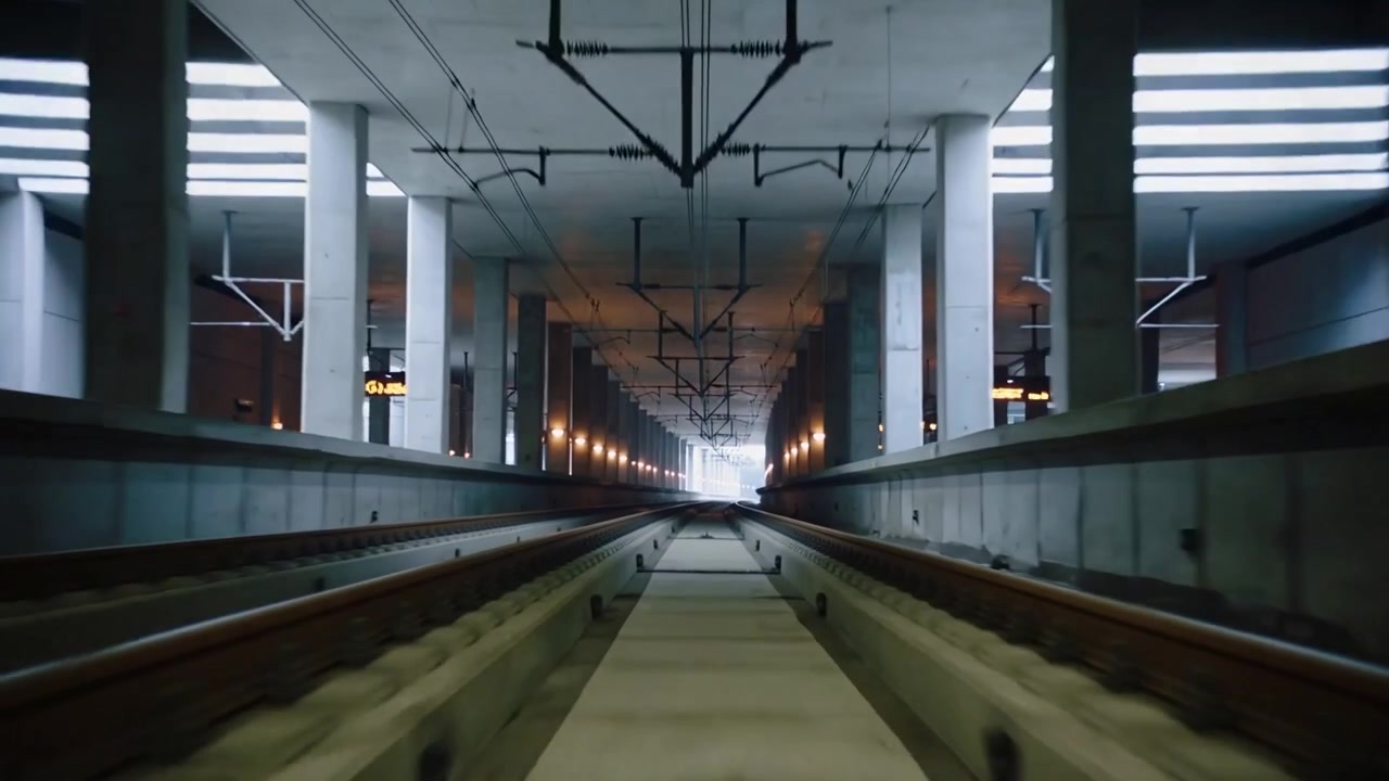 Inizio tracciamento telecamera di binari centrali e passerella di cemento attraverso un tunnel della metropolitana, rivelando luci.