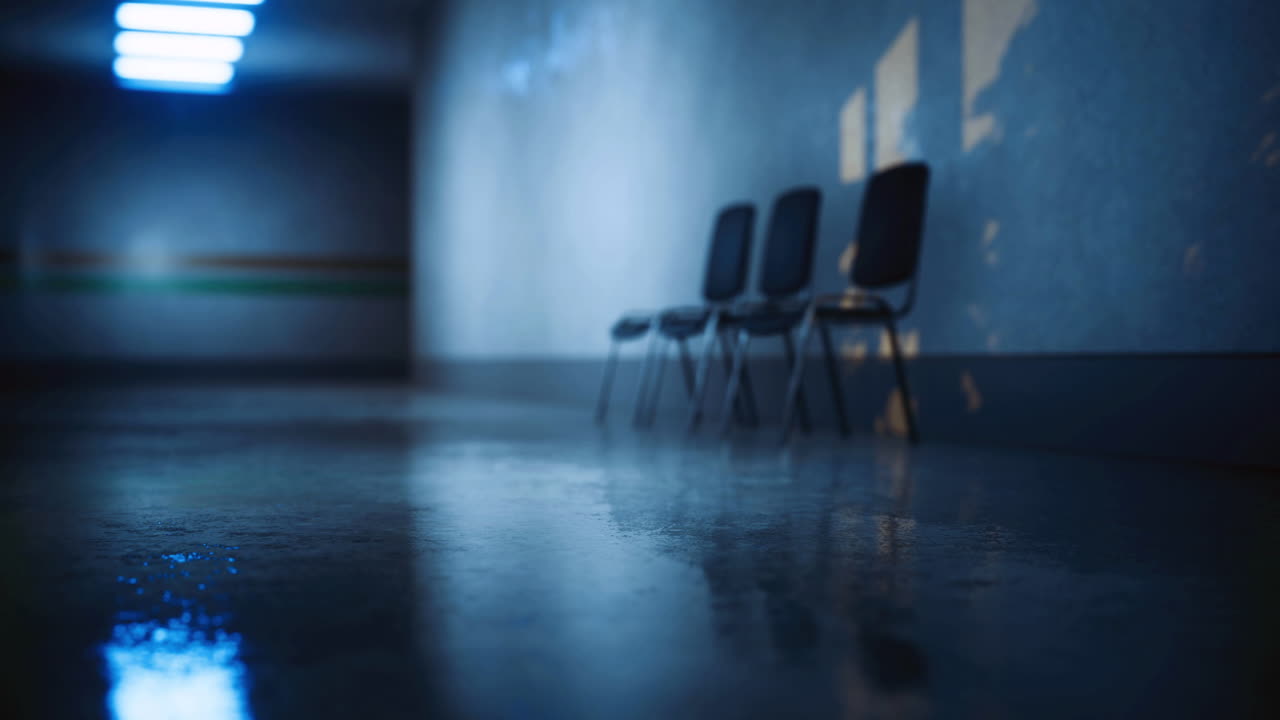 Chairs line a dimly lit corridor with shiny wet floor reflecting light