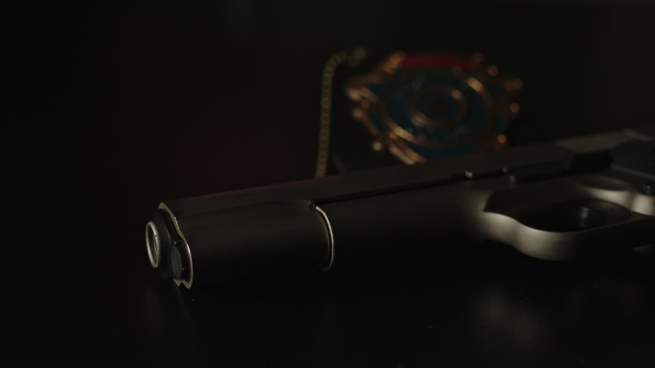 pan ancha sobre el cañón del arma con una insignia de policía en el fondo