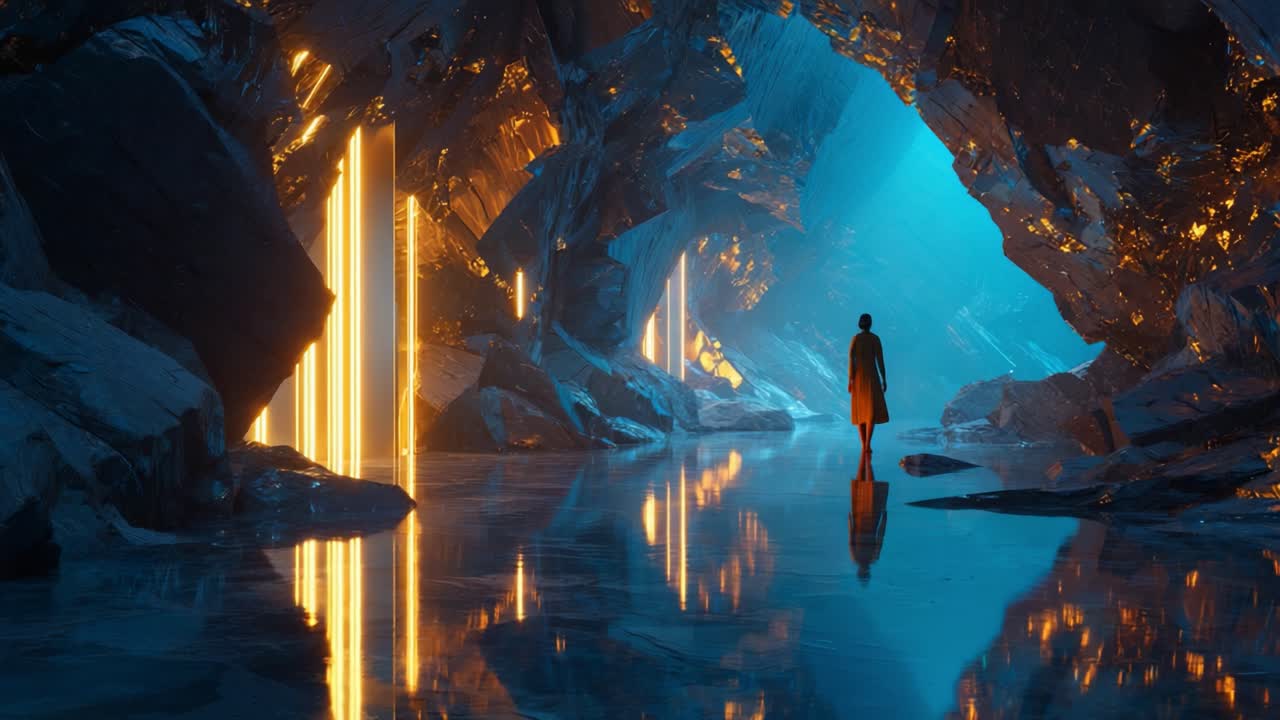 A mysterious figure stands in a breathtaking cavern illuminated by mesmerizing golden light, surrounded by shimmering reflections and smooth water, evoking a sense of wonder and exploration