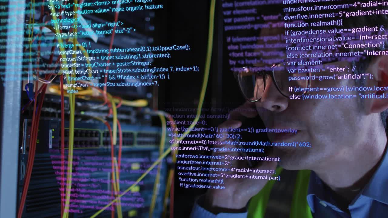 IT technician raising smartphone invoking code overlay inspecting cables diagnosing network fault