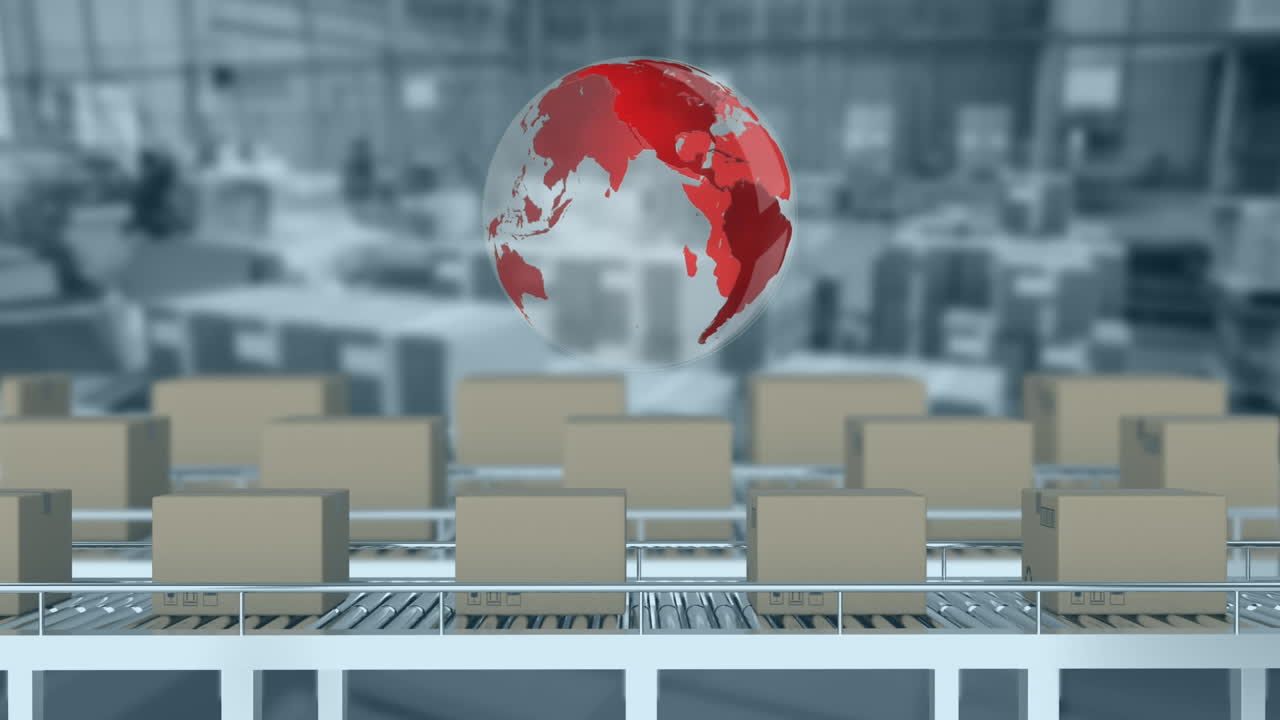 창고에 대항하는 컨베이어 벨트에 배달 상자 위에 회전하는 지구의 애니메이션