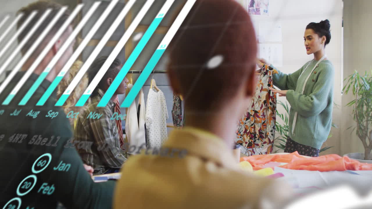 animación de gráficos, globo, lenguaje informático sobre diversos compañeros de trabajo discutiendo sobre el diseño de la tela