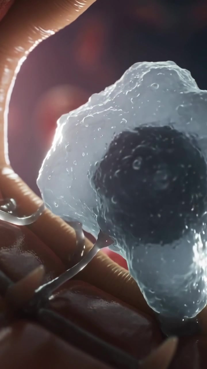 Video verticale: La telecamera si sposta, cellula chiara che si inclina e affonda per aderire all'impalcatura di laboratorio