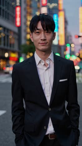 young asian entrepreneur in a suit standing on a city street at dusk, exuding confidence and professionalism, with blurred city lights and traffic in the background