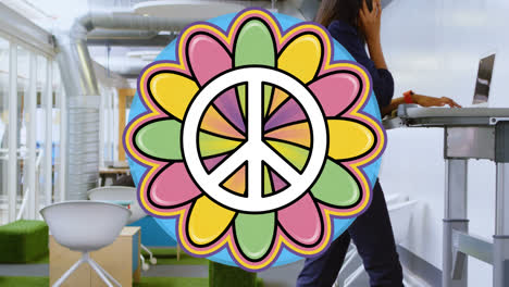 Animation-of-peace-symbol-moving-over-biracial-businesswoman-on-treadmill-in-office