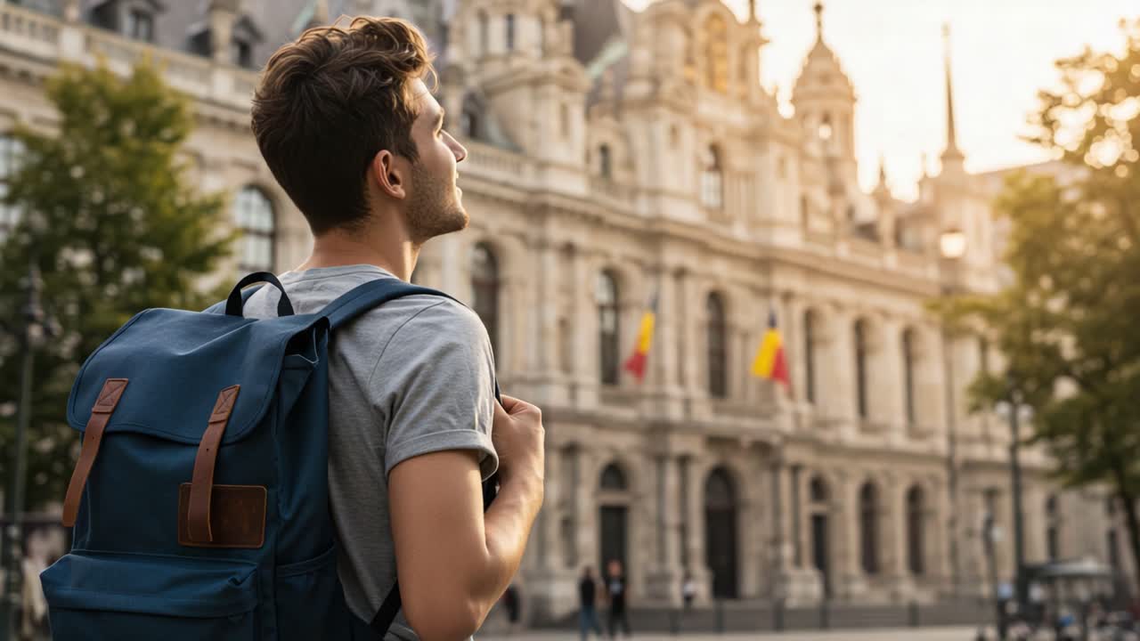 Giovane uomo con zaino che ammira l'architettura storica durante l'ora d'oro, catturando un momento di esplorazione e meraviglia in un affascinante paesaggio urbano.
