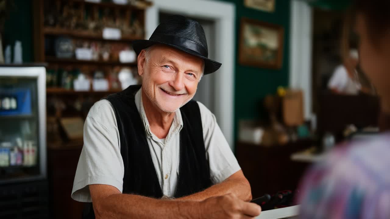 Un incontro piacevole: un signore anziano con un cappello nero emana fascino e cordialità mentre interagisce con un visitatore in un negozio accogliente e nostalgico, ricco di tesori vintage e dall'atmosfera allegra